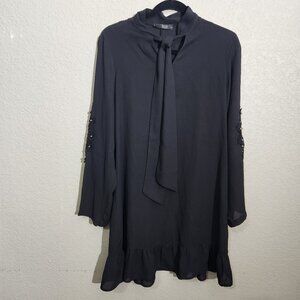 Black Tunic Dress With Pearl & Lace Sleeve Detail Ruffled Hem Bow Tie Neck Small